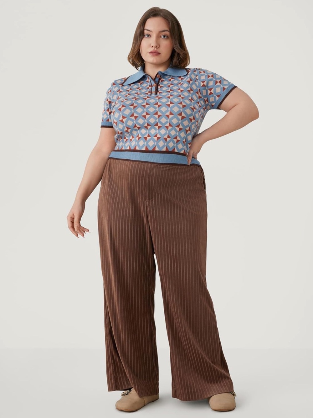 Cider Retro Geo Knit Polo Crop Top - Light Blue & Rust Size XL